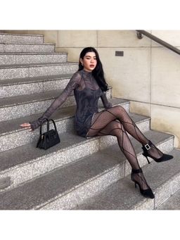 Outzidr - Black Printed Mesh Full Sleeves Party Mini Dress