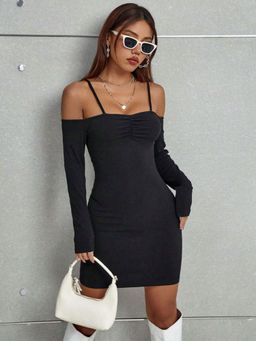 Outzidr - Black Off Shoulder Full Sleeves Party Mini Dress