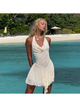 Outzidr - Offwhite Cowl Neck Vacay Mini Dress