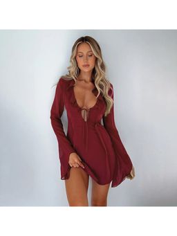 Outzidr - Maroon Ruffle Detailing Party Mini Dress