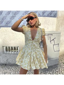 Outzidr - Yellow Floral Printed Party Mini Dress