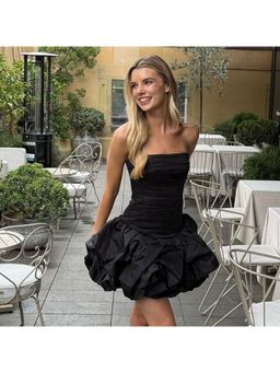 Outzidr - Black Ruched Balloon Hem Party Mini Dress