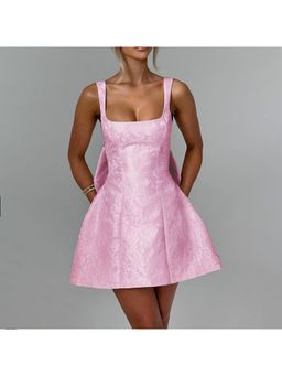 Outzidr - Pink Jacquard Self Design Party Mini Dress