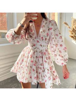 Outzidr - Red V Neck Lace Insert Fit And Flare Vacay Mini Dress