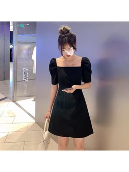 Outzidr - Black Square Neck Puff Sleeves Mini Dress