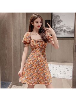 Outzidr - Orange Floral Printed Puff Sleeves Mini Dress