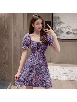 Outzidr - Purple Floral Printed Puff Sleeves Mini Dress