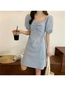 Outzidr - Blue Solid Puff Sleeves Mini Dress