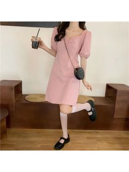 Outzidr - Pink Solid Puff Sleeves Mini Dress