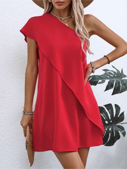 Outzidr - Red Solid One Shoulder Tiered Party Mini Dress