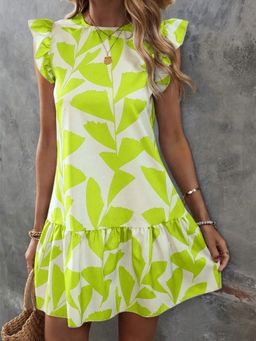 Outzidr - Lime Green Printed Flutter Sleeves Mini Dress