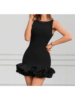 Outzidr - Black Solid Bubble Hem Bodycon Party Mini Dress