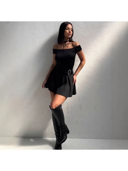 Outzidr - Black Off-Shoulder Skater Solid Mini Dress