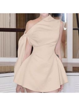 Outzidr - Cream Solid Cinched Waist Party Mini Dress