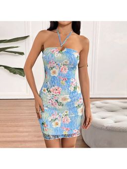 Outzidr - Blue Halter Neck Floral Printed Mini Dress