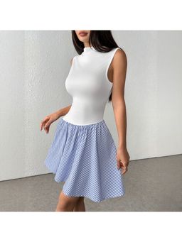 Outzidr - Blue and White Stripes High Neck Mini Dress