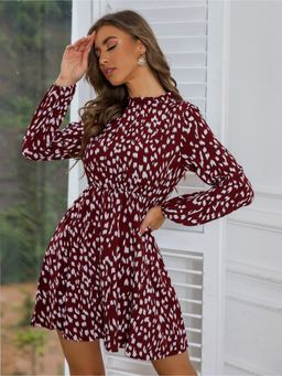 Outzidr - Maroon Printed High Neck Cinched Mini Dress