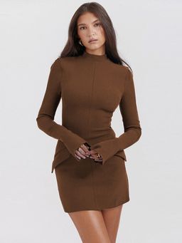 Outzidr - Brown High Neck Bodycon Mini Dress