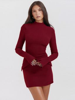 Outzidr - Maroon High Neck Bodycon Mini Dress