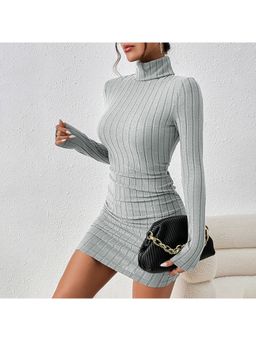 Outzidr - Grey High Neck Wide Ribbed Mini Dress