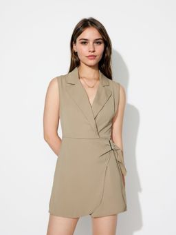 Outzidr - Khaki Blazer Wrap Vacay Mini Dress