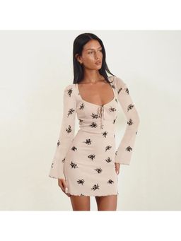 Outzidr - Cream Scoop Neck Printed Vacay Mini Dress