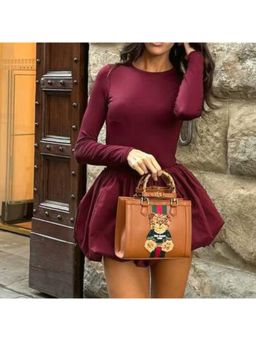 Outzidr - Wine Fitted Mini Dress With Bubble Hem