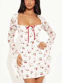 Outzidr - White Cherry Printed Party Mini Dress