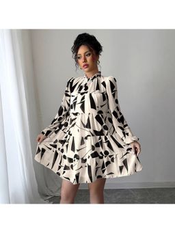 Outzidr - White Ruffled Neck Printed Skater Vacay Mini Dress