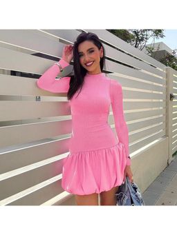 Outzidr - Pink Full Sleeves Bubble Skater Mini Dress