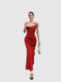 Outzidr - Red Mermaid Fit Party Maxi Dress With Metal Buckle Straps