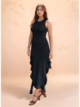 Outzidr - Black Ruffled Slit Maxi Party Midi Dress