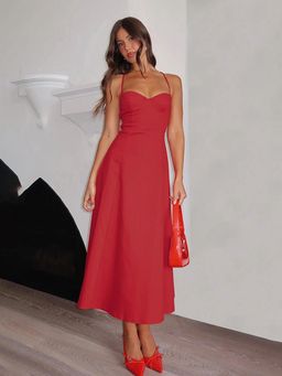 Outzidr - Red Strappy A-line Midi Party Maxi Dress