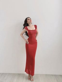 Outzidr - Red Sleeveless Mesh Maxi Dress