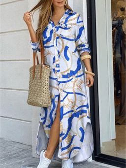 Outzidr - White Abstract Printed Button Down Shirt Party Maxi Dress