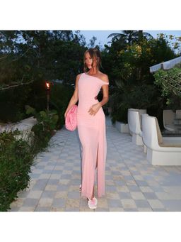 Outzidr - Pink Twisted Knit Party Maxi Dress