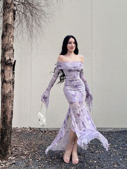 Outzidr - Purple Off Shoulder Printed Maxi Dress