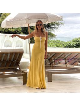 Outzidr - Yellow Front Shoulder Strap Tie Up Vacay Maxi Dress