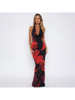 Outzidr - Black Printed Cowl Neck Maxi Dress