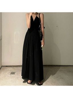 Outzidr - Black Drop Waist A-Line Halter Party Maxi Dress