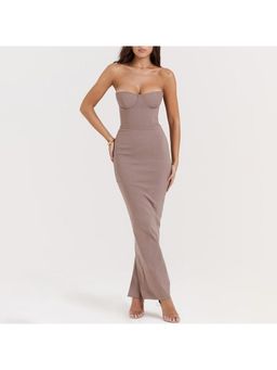 Outzidr - Light Brown Corset Tube Party Maxi Dress