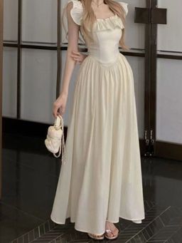Outzidr - Cream Vacay Maxi Dress With Ruffle Detail