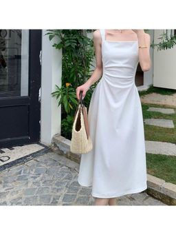 Outzidr - White Side Ruching Party Midi Dress