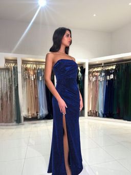 Outzidr - Blue Off Shoulder High Slit Party Maxi Dress