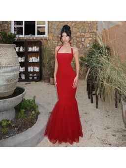 Outzidr - Red Halter Neck Party Maxi Dress