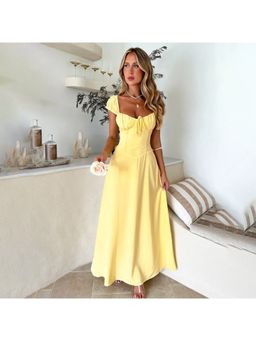 Outzidr - Yellow Cap Sleeves Corset Fit And Flare Party Maxi Dress