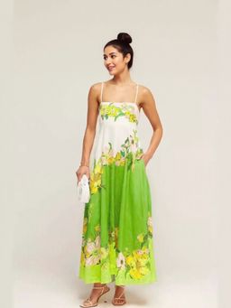 Outzidr - Green Placement Floral Vacay Maxi Dress