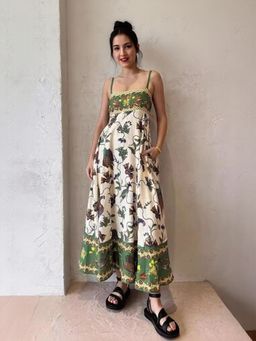 Outzidr - Green Floral Print Slip Vacay Maxi Dress