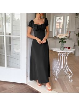 Outzidr - Black Half Sleeves Bustier Fit and Flare Party Maxi Dress