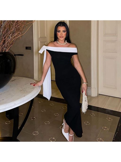 Buy Outzidr Black Off Shoulder Bodycon Party Maxi Dress (XS) Online